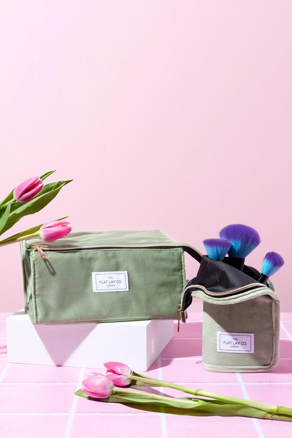 The Flat Lay Co Sage Velvet Open Flat Makeup Box Bag Sage image 5