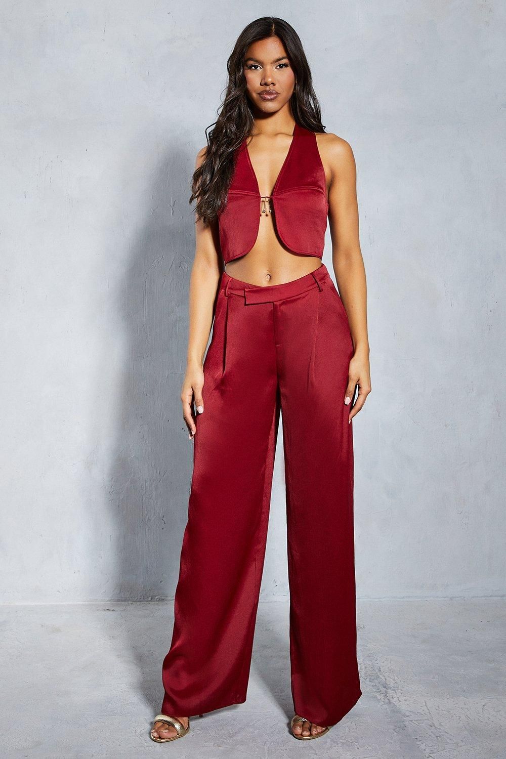 MissPap Textured Satin Halter Neck Top Berry image 2