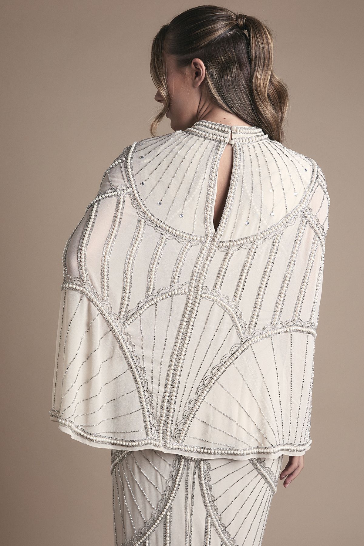 Coast Embellished Column Maxi Wedding Dress with Cape Detail Champagne image 3