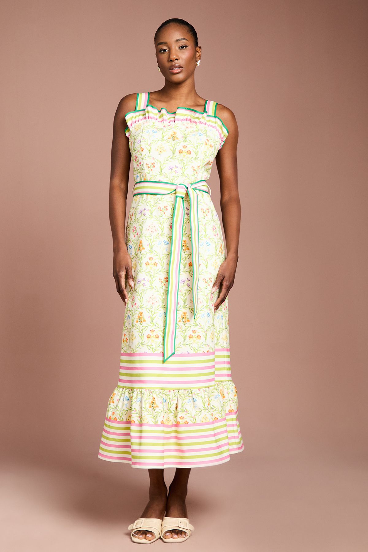 Coast Printed Twill Ruffle Midi Dress Ivory