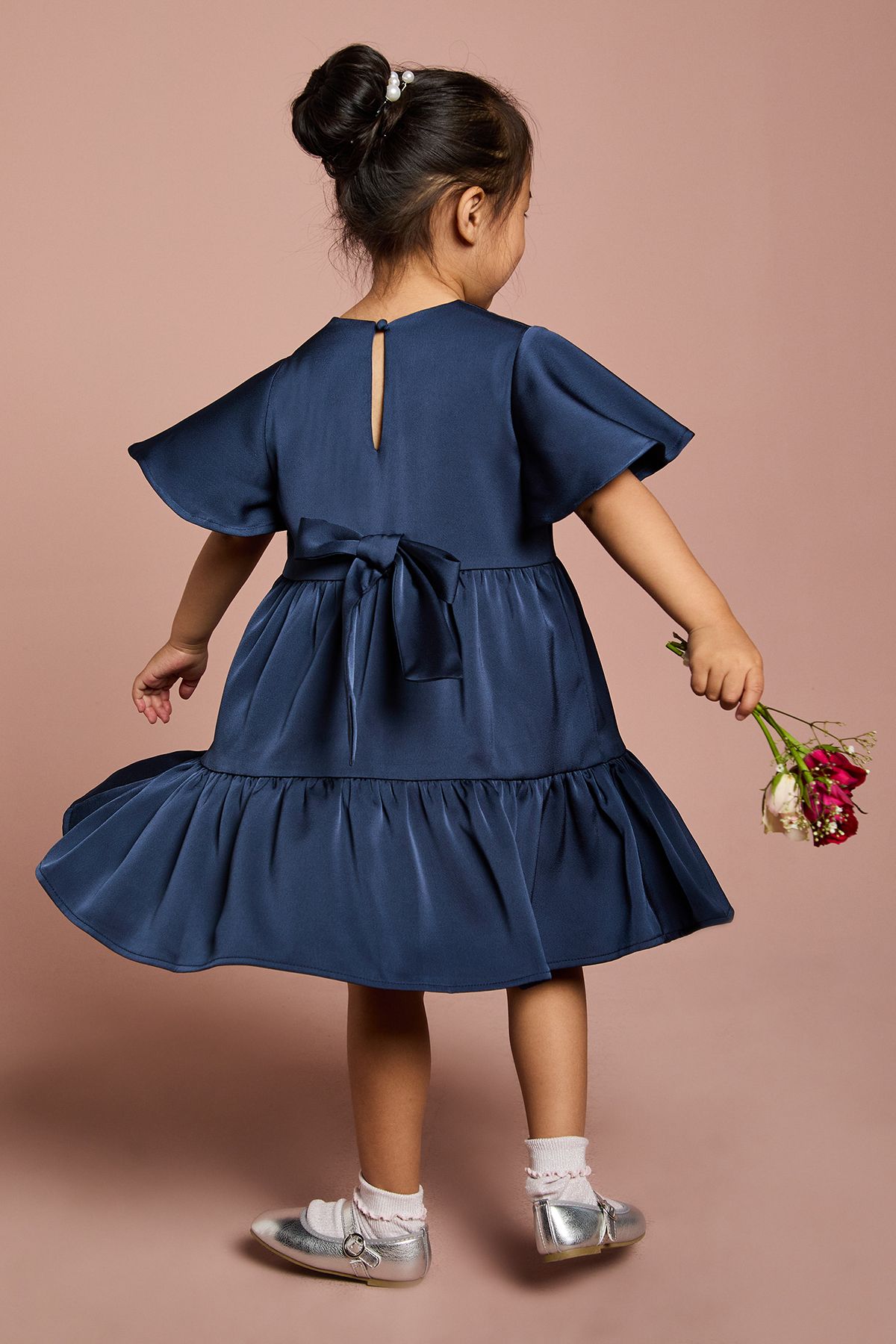 Coast Girls Satin Back Crepe Tiered Angel Sleeve Dress Navy image 3
