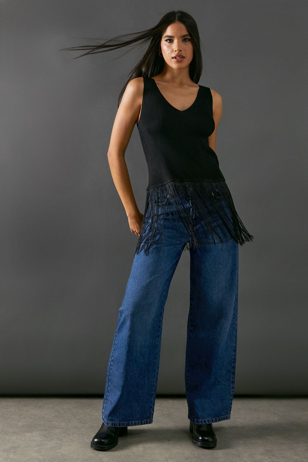 Warehouse Sleeveless Fringed Vest Black image 2