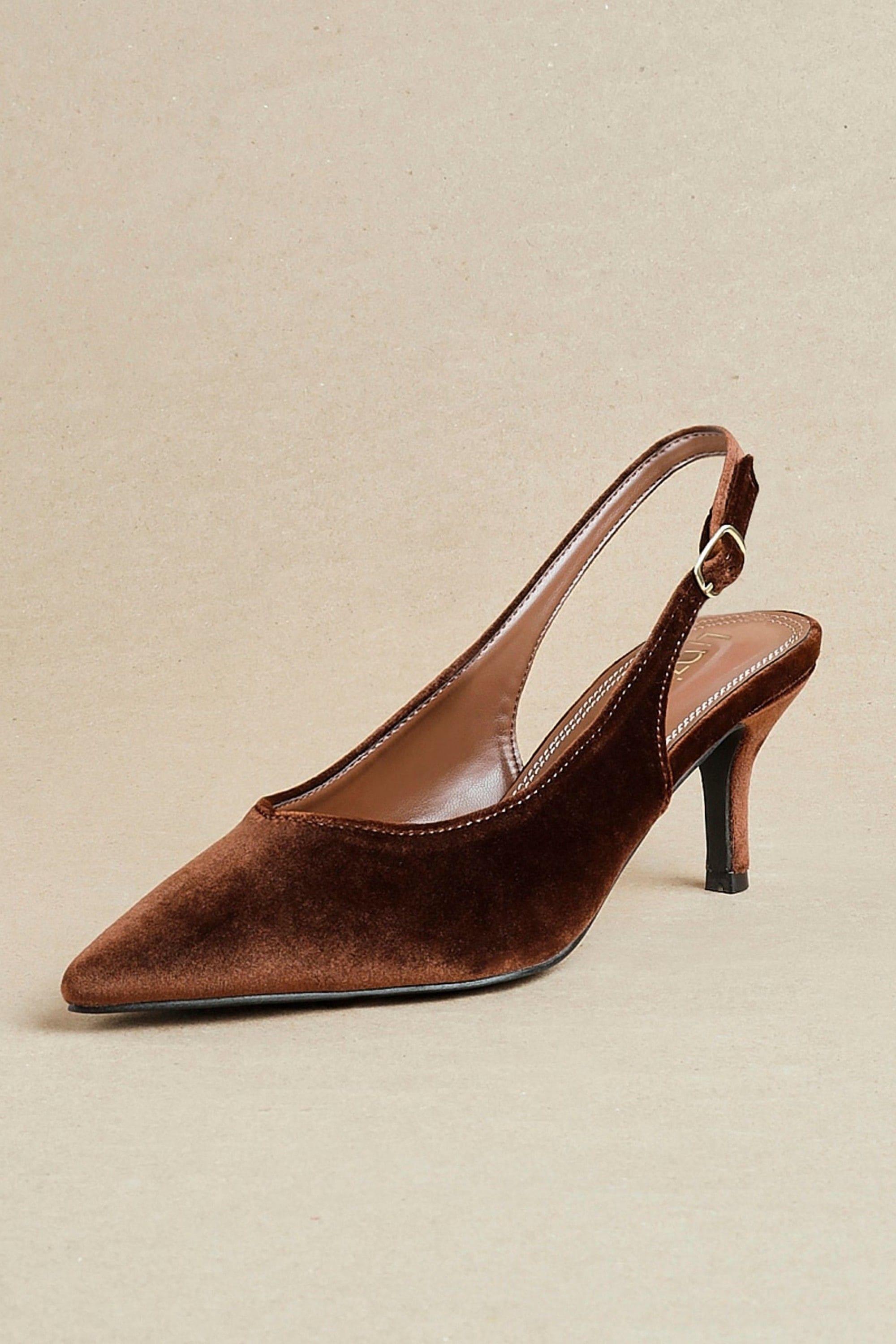 Linzi Finesse Brown Velvet Pointed Slingback Stiletto Court Heels image 2