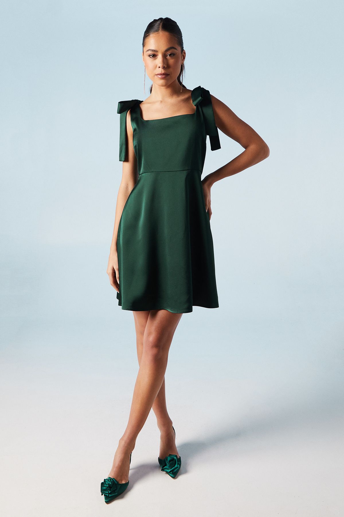 Oasis Tie Shoulder Satin Bridesmaid Mini Dress Emerald image 2
