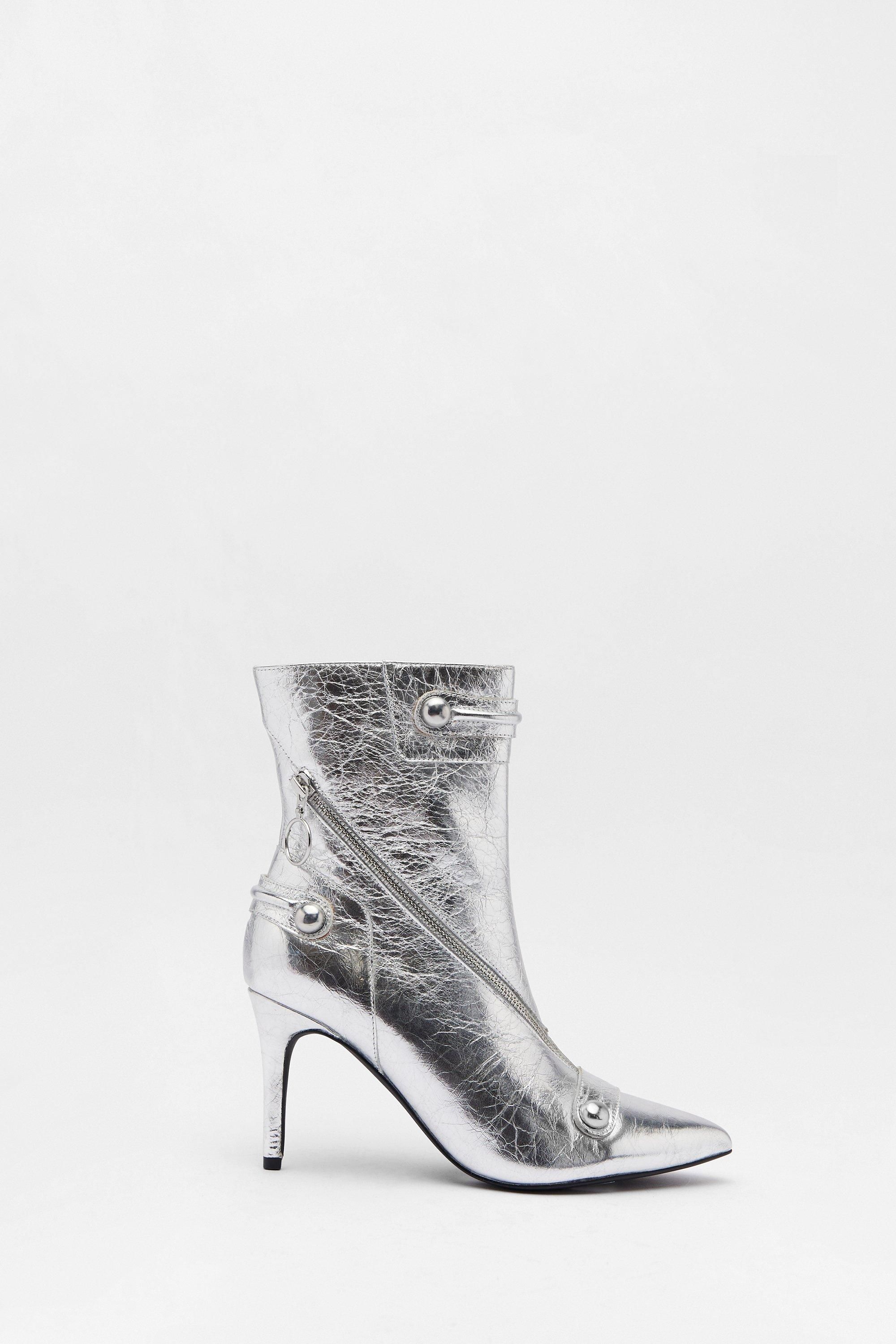 Warehouse Leather Metallic Zip & Stud Pointed Toe Ankle Boots Silver