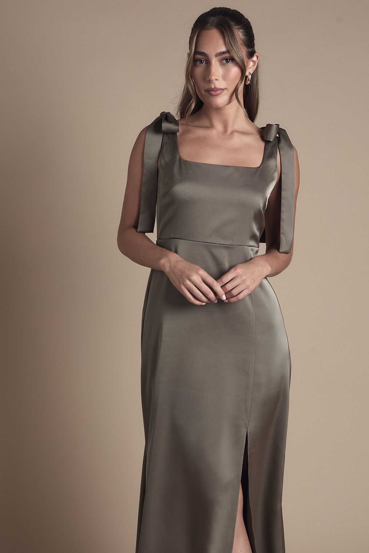 Oasis Satin Tie Shoulder Midi Bridesmaid Dress Olive image 2