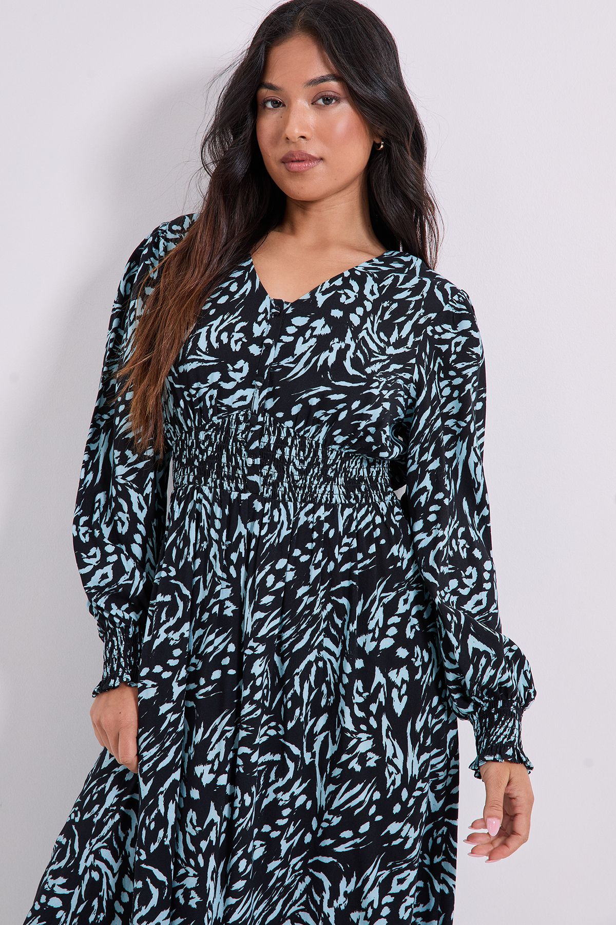 Dorothy Perkins Petite V Neck Button Front Detail Printed Midi Dress Blue image 4