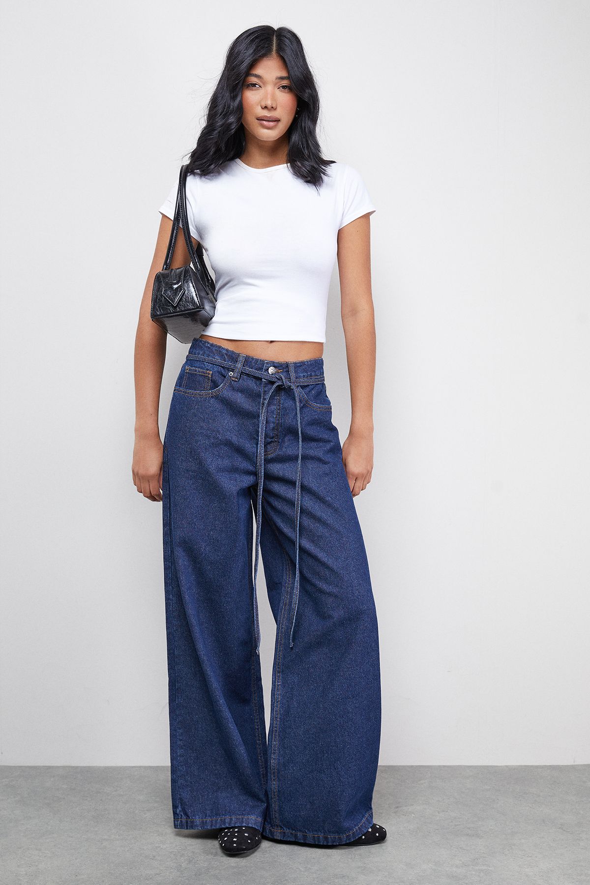 Warehouse Tie Waist Wide Leg Denim Jean Indigo image 2