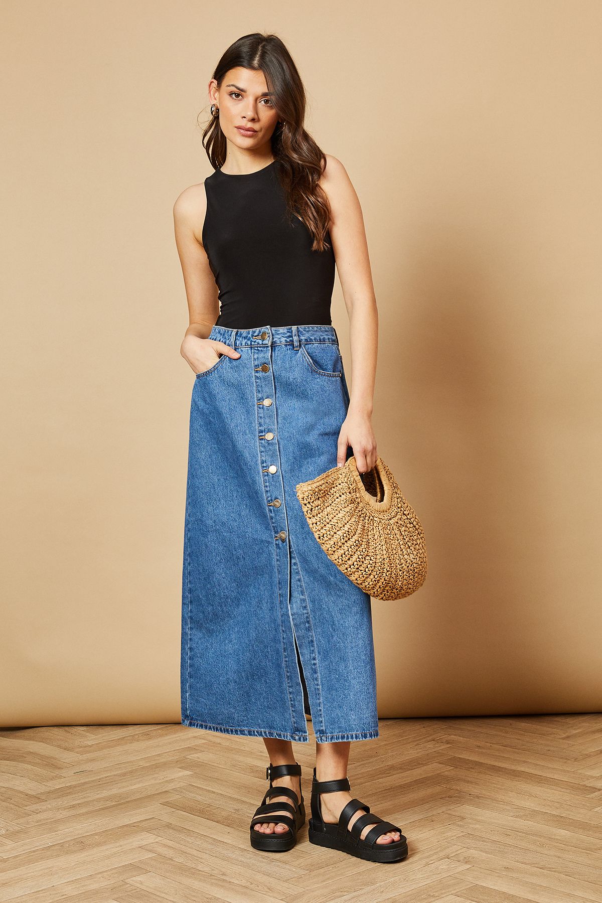 Oasis Denim Button Through Midi Skirt Mid Wash image 2