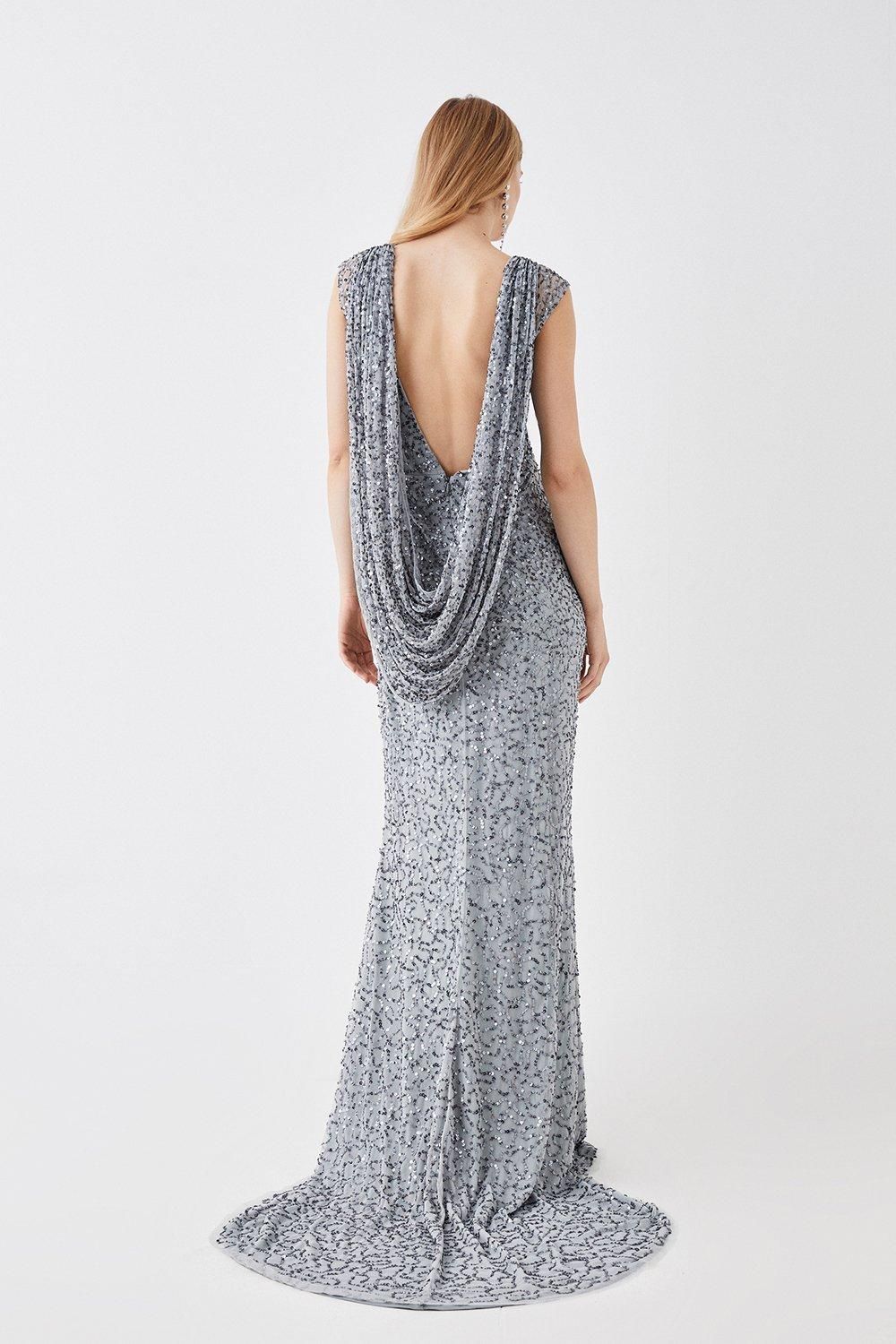 Coast Draped Cowl Back Sequin Black Tie Maxi Dress Silver Grey image 1