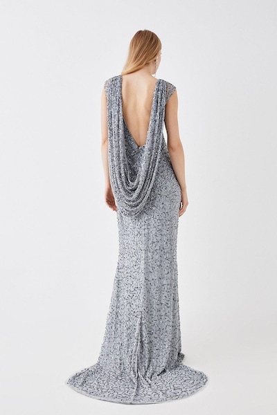 Coast Draped Cowl Back Sequin Black Tie Maxi Dress Silver Grey