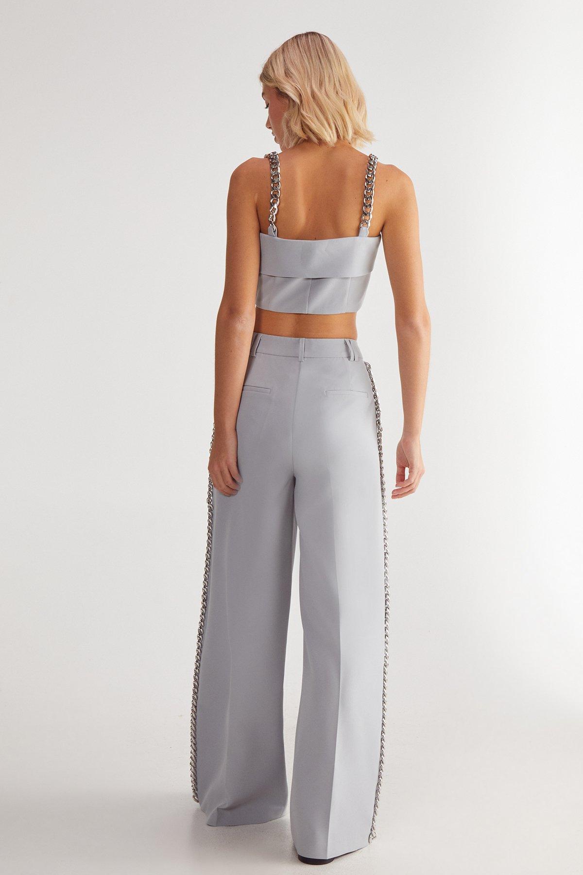 NastyGal Premium Tailored Chain Trim Trouser Pale Grey image 4