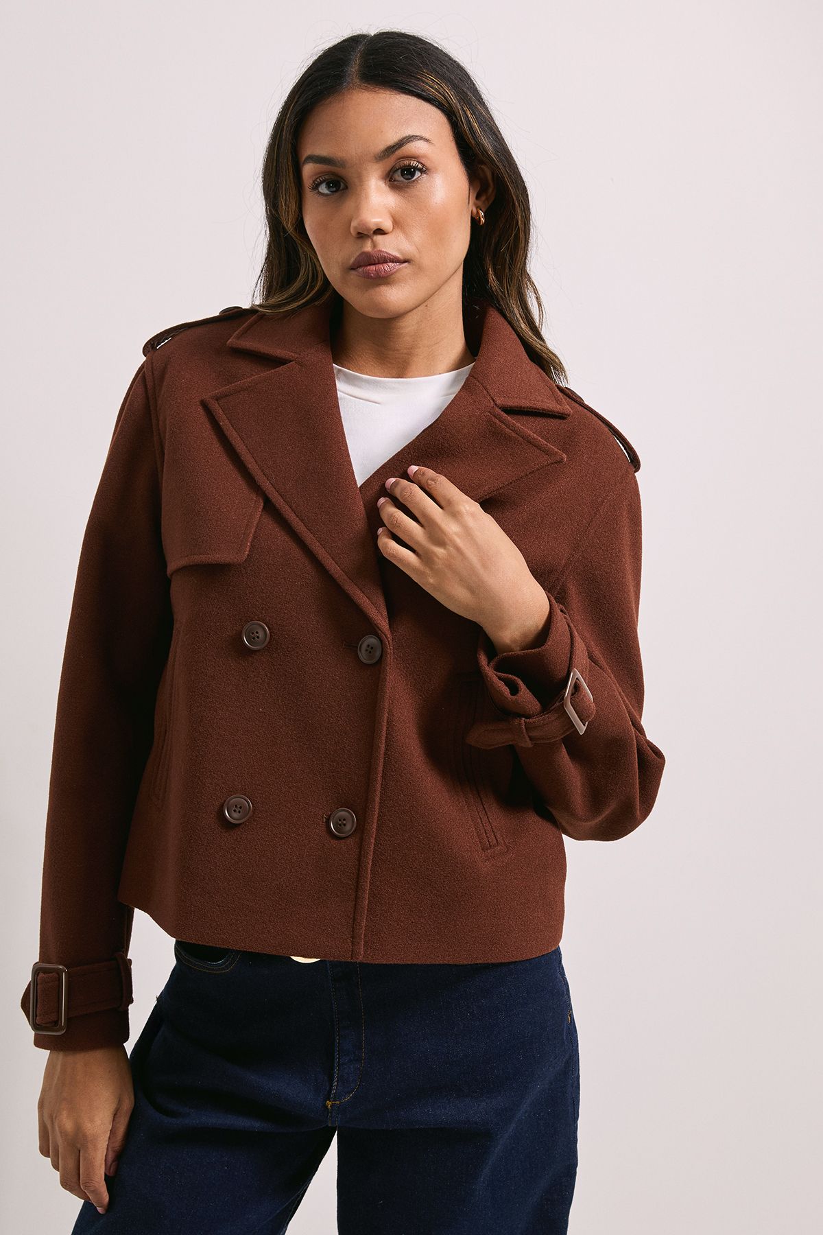 Dorothy Perkins Short Faux Wool Trench Coat Chocolate