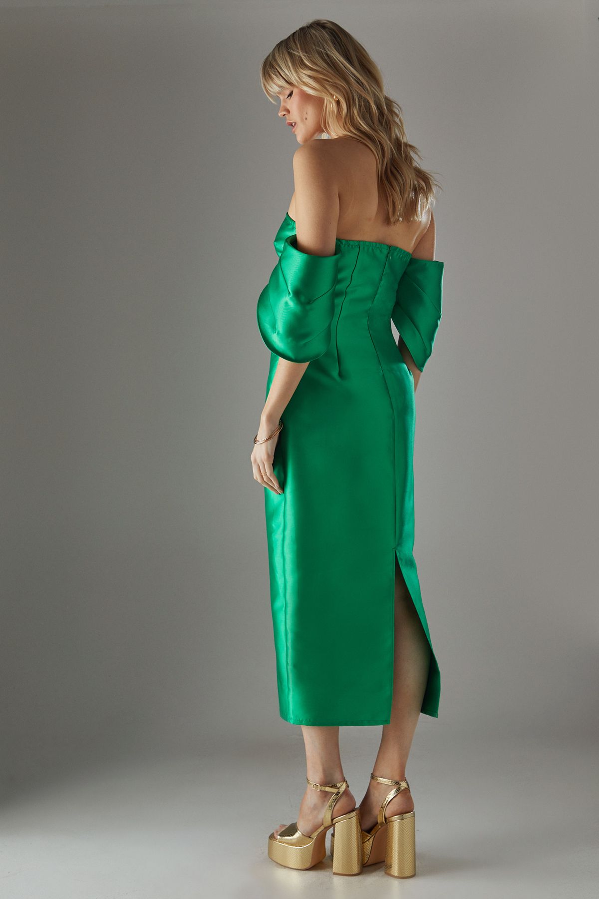 Warehouse Structured Puff Sleeve Bardot Midi Dress Bright Green image 3