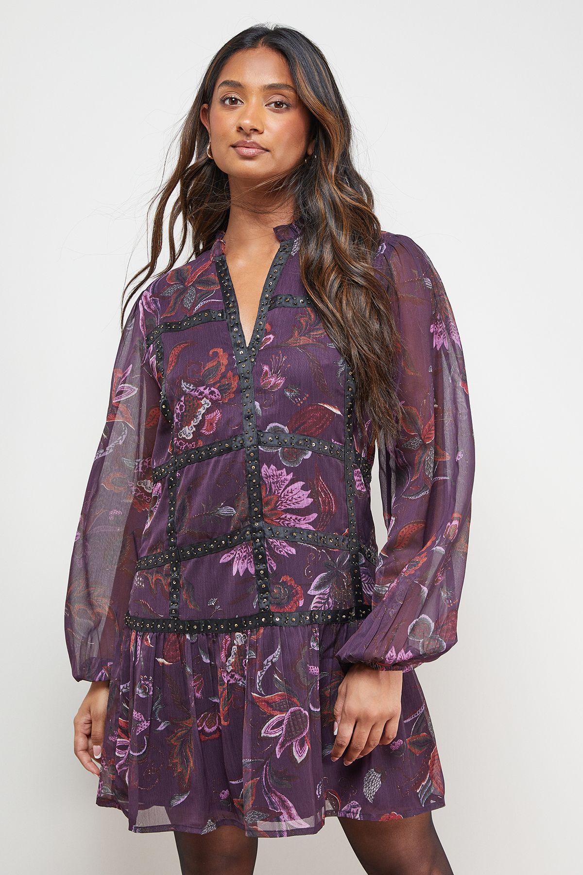 Oasis Printed Embellished Trim Detail Chiffon Mini Dress Multi image 4