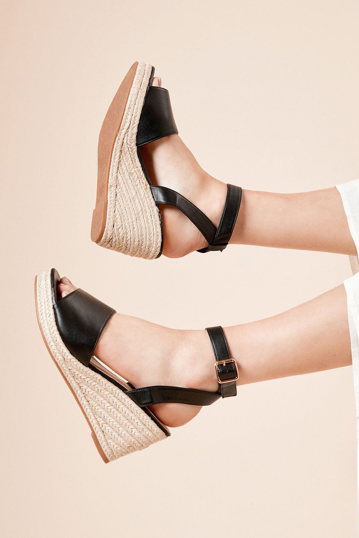 Dorothy Perkins Wide Fit Rebekah Peep Toe Espadrille Wedge Sandals True Black image 1