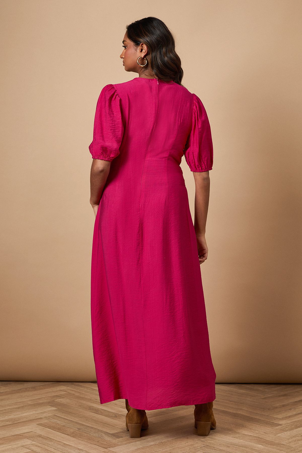 Oasis Shirred Bodice Puff Sleeve Midi Dress Pink image 3