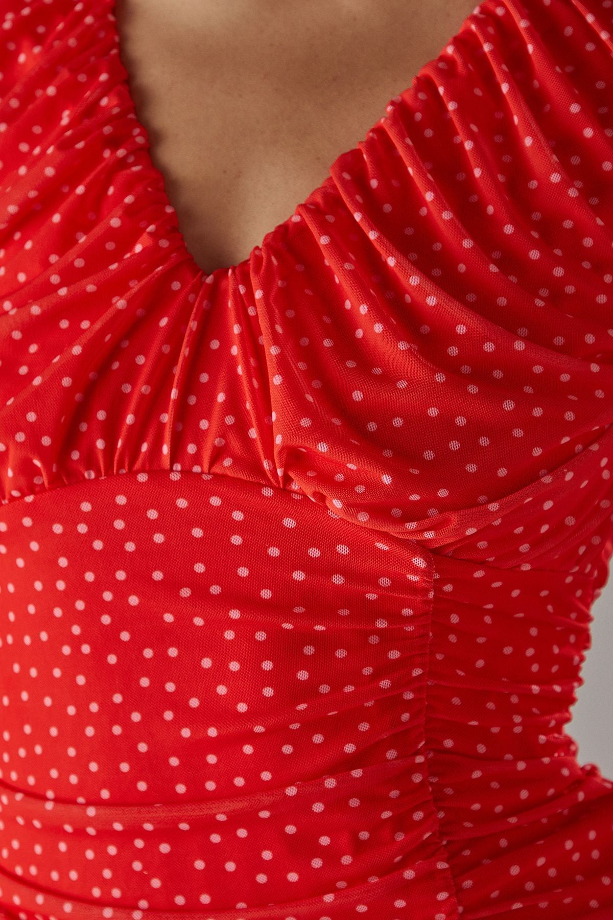 Warehouse Spot Mesh Gathered Front  Plunge Neck Midi Dress Red image 5