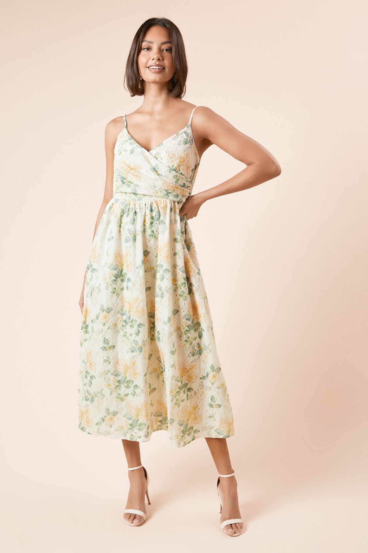 Dorothy Perkins Cutwork  Broderie Ball Strap Detail Wrap Midi Dress Lemon image 1