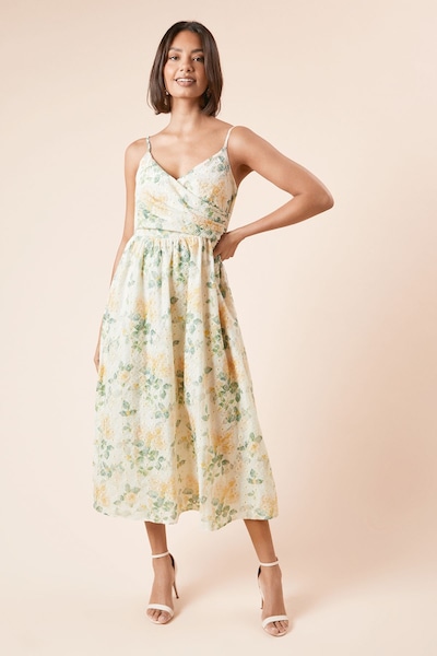 Dorothy Perkins Cutwork Broderie Ball Strap Detail Wrap Midi Dress Lemon