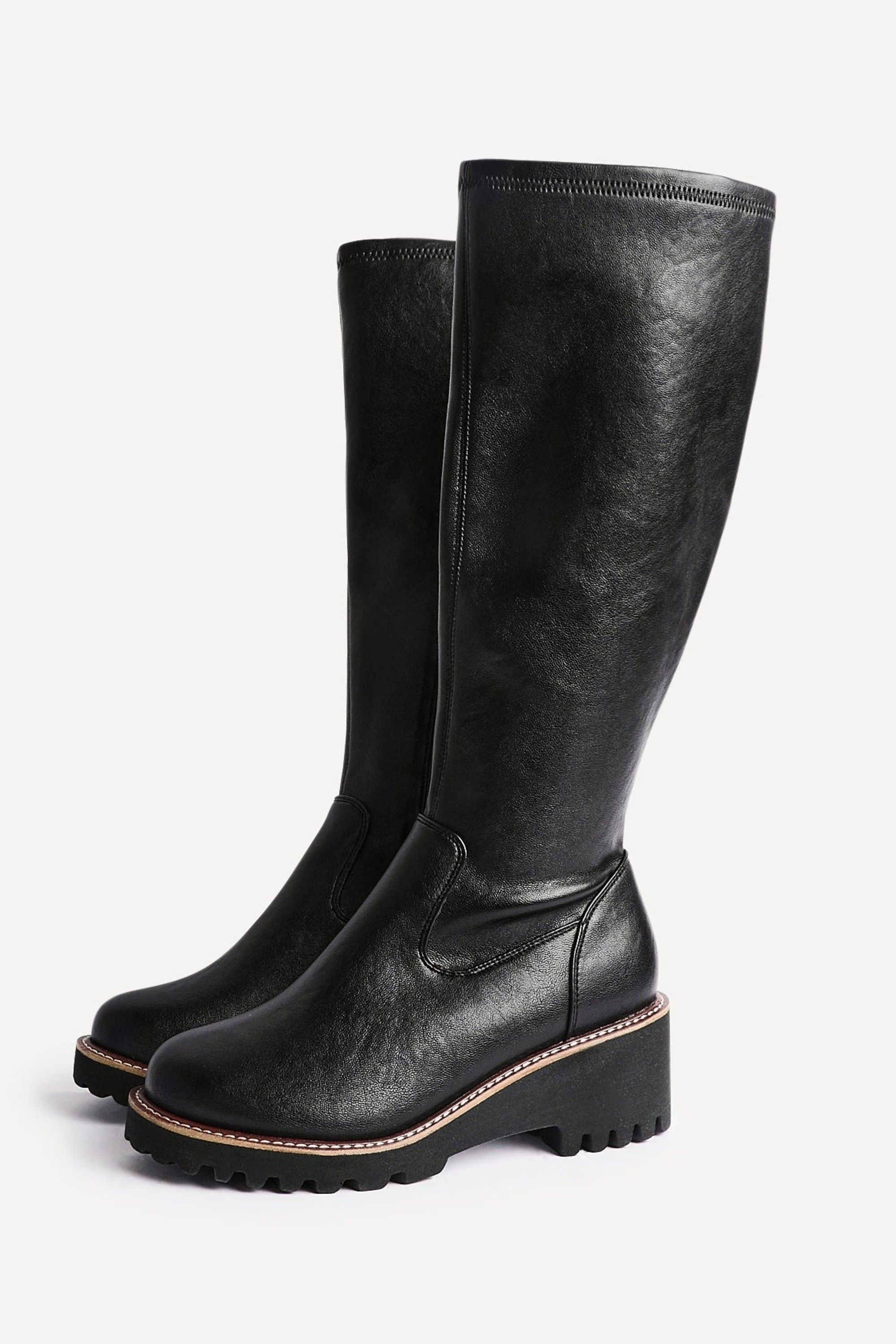 Linzi Maintain Wide Fit Black Faux Leather Stretch High Leg Wedge Boot image 5