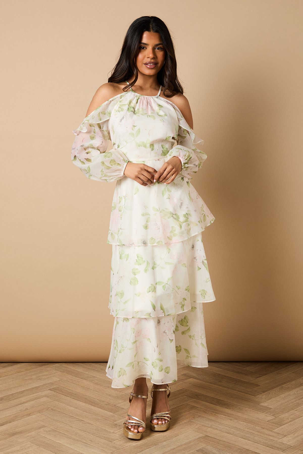 Oasis Petite Rose Floral Organza Cold Shoulder Midi Dress Ivory