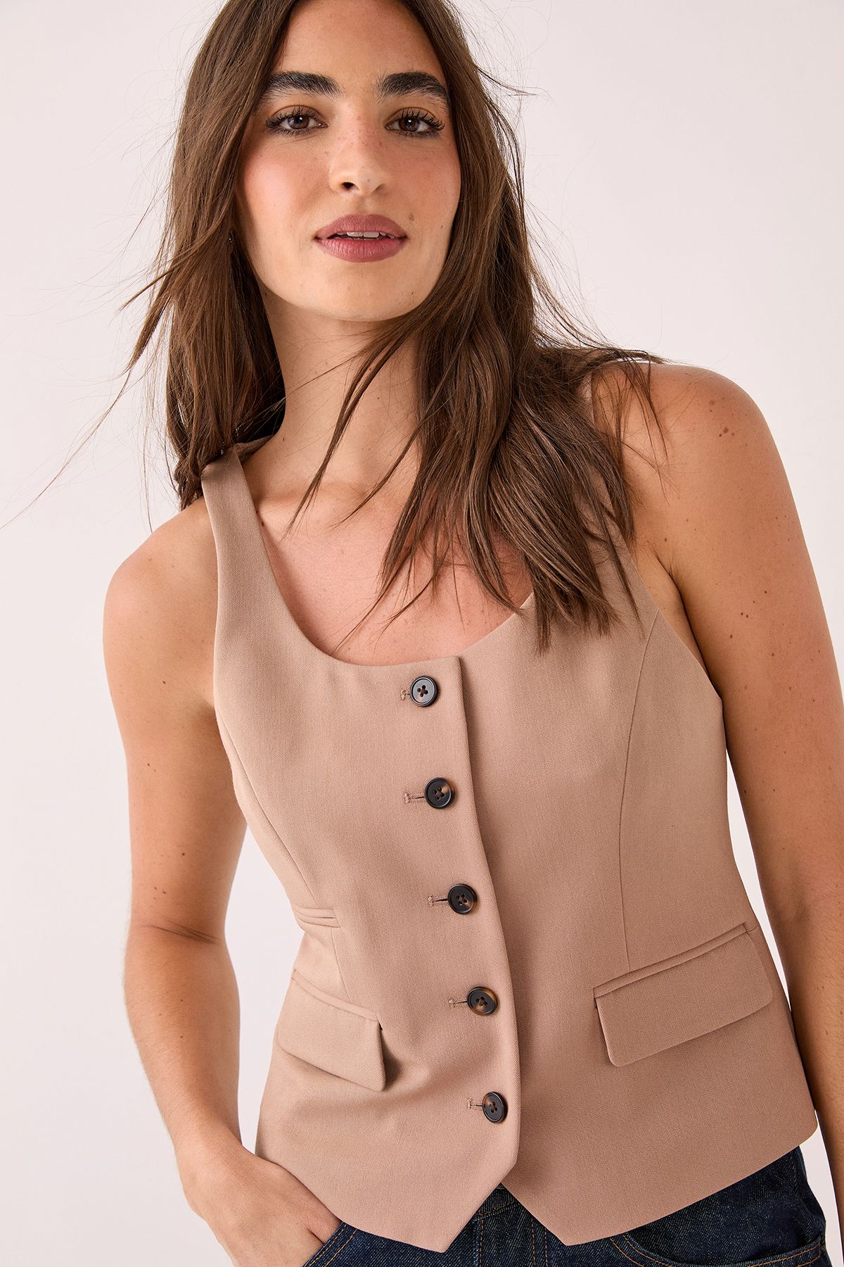 NastyGal Tailored Scoop Neck Button Through Waistcoat Taupe image 1