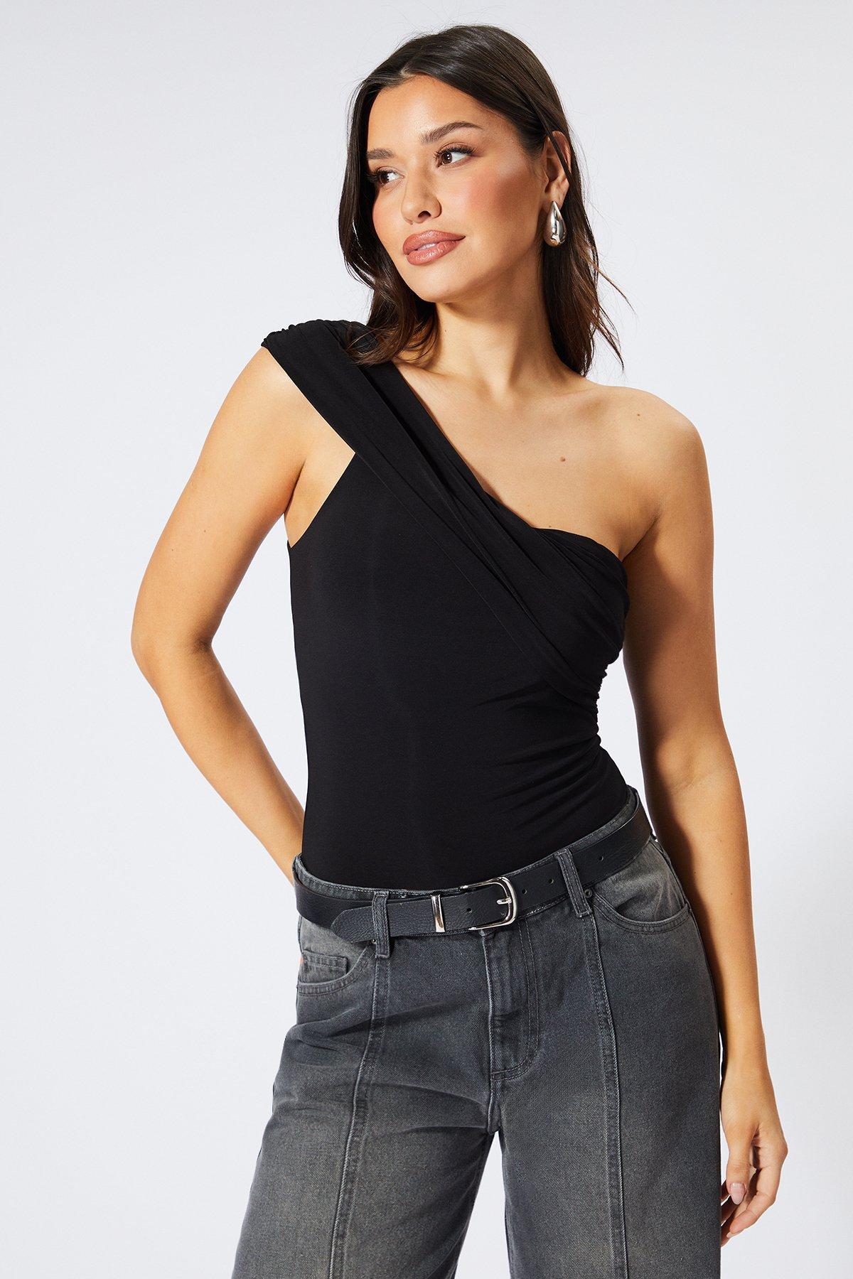 MissPap One Shoulder Fold Over Bodysuit Black image 2