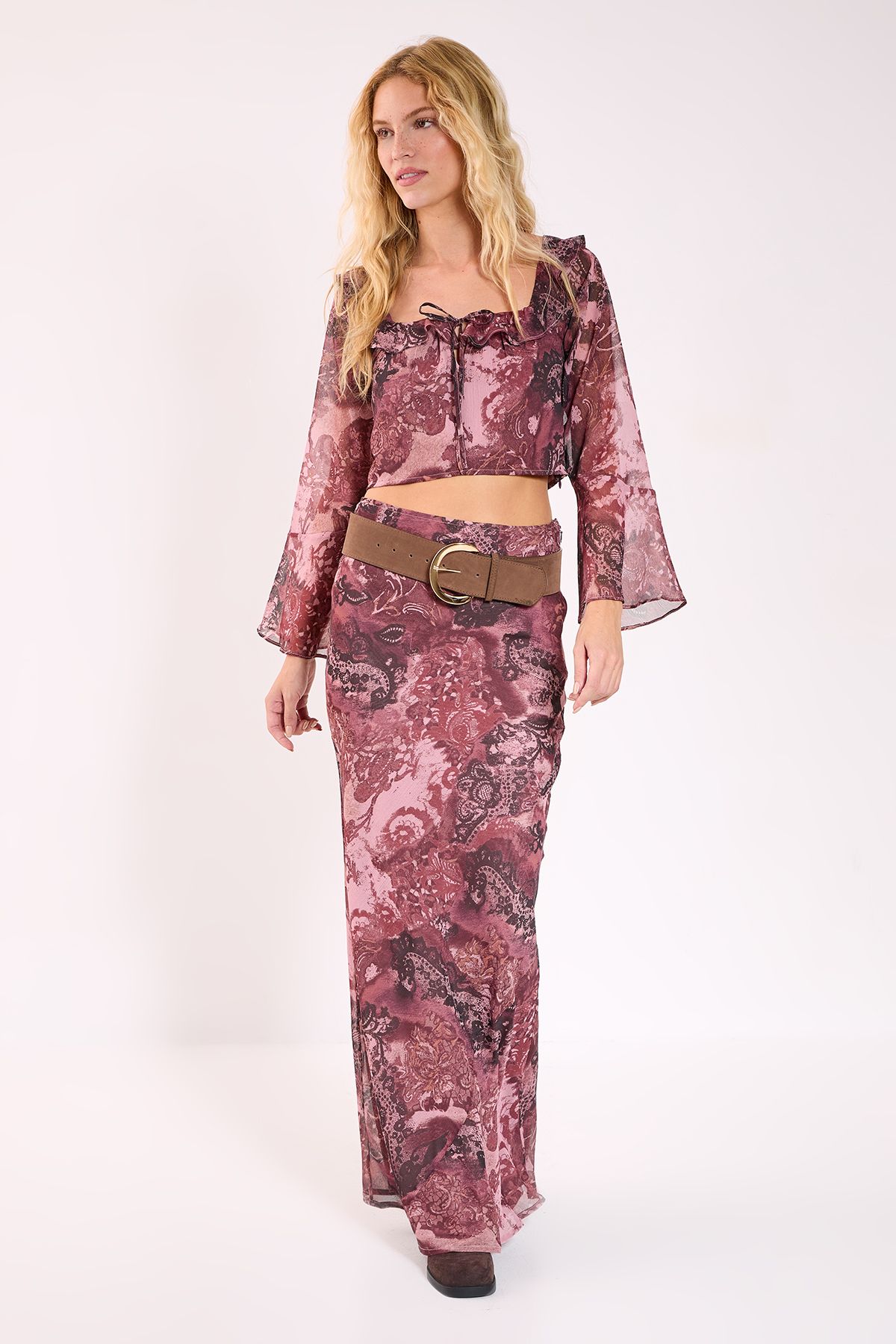 NastyGal Paisley Ruffle Fluted Sleeve Top Rust image 2