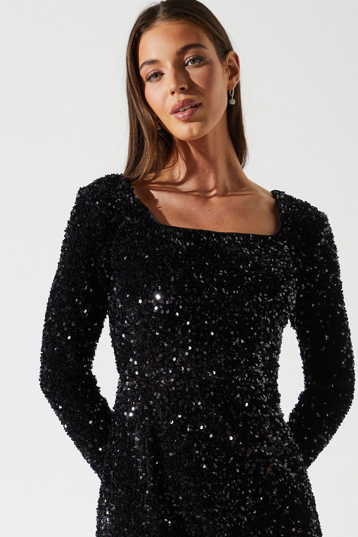 Coast Sequin Party Long Sleeve Midi Dress With Feather Hem Black image 4