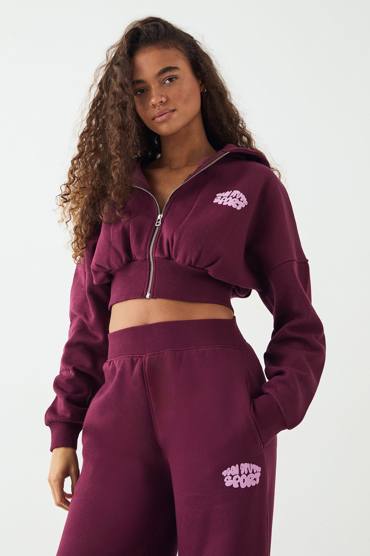 DSGN Studio DSGN Studio Sport Bubble Print Boxy Crop Zip Through Hoodie Plum image 3