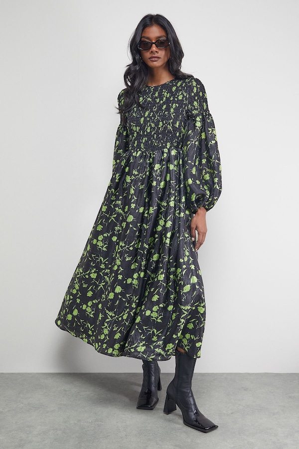 Warehouse Petite Textured Organza Shirred Midaxi Dress Lime
