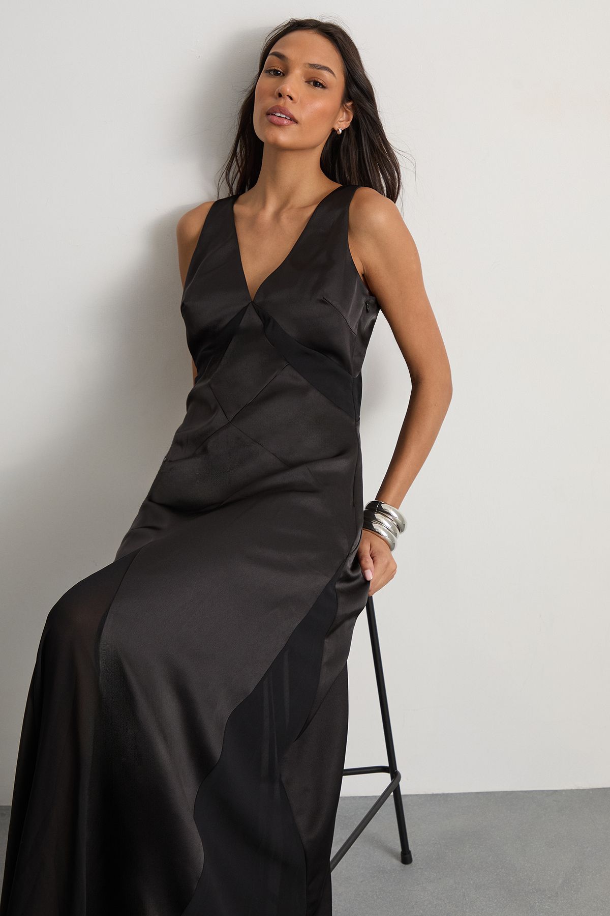 Warehouse Satin And Chiffon Mix Midaxi Dress Black image 1