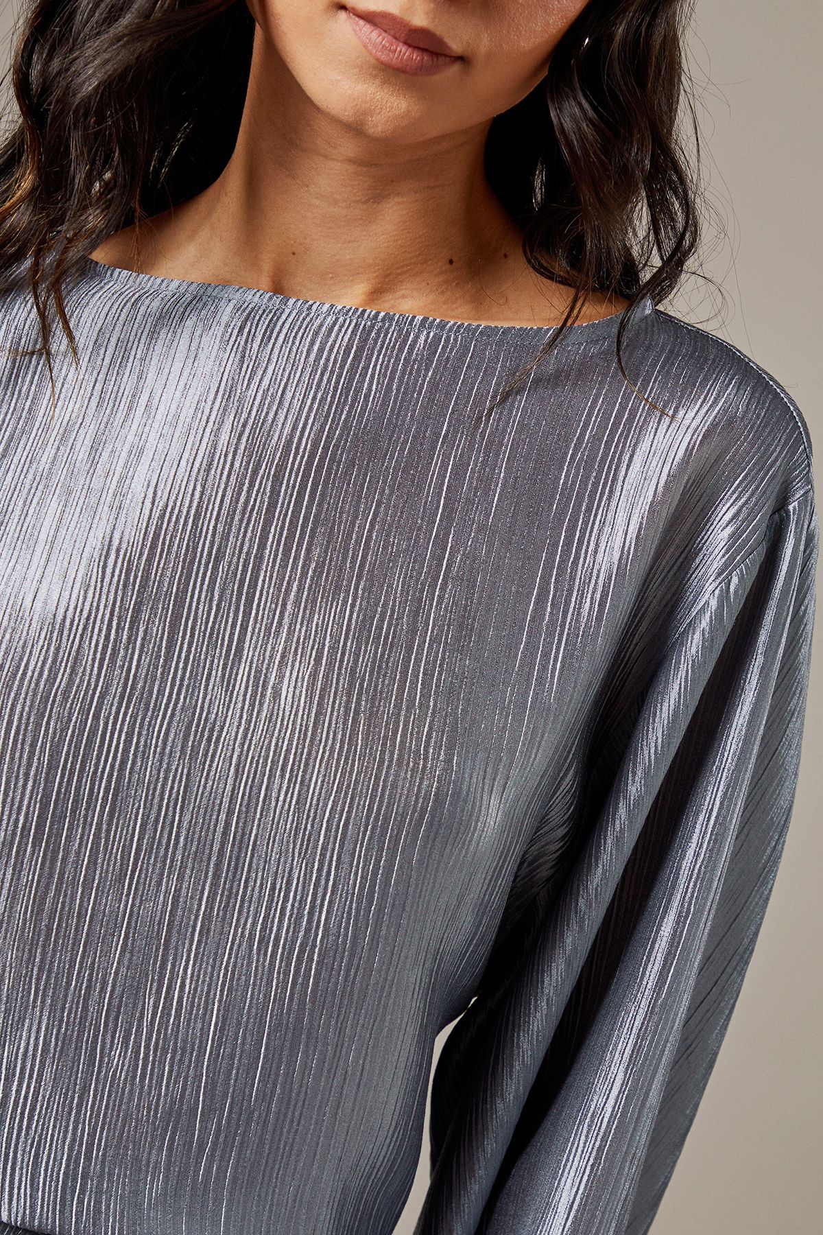 Warehouse Crinkle Satin Waterfall Sleeve Top Slate Grey image 5