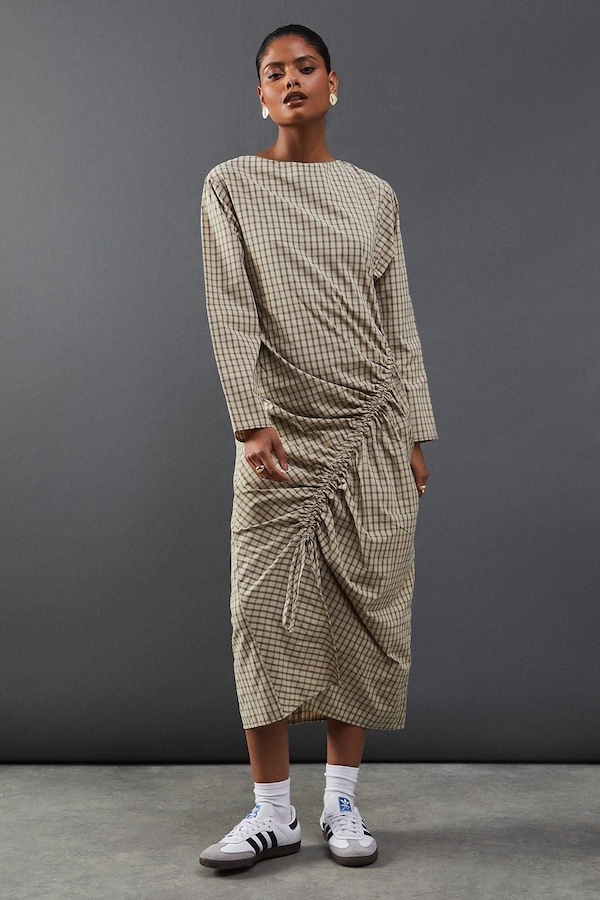 Warehouse Check Batwing Channel Detail Midi Dress Beige