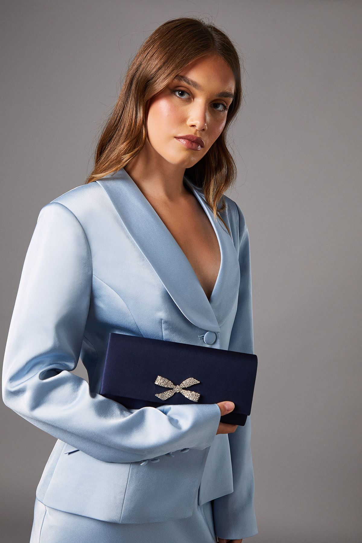 Coast Galaxy Satin Diamante Bow Brooch Clutch Bag Navy image 2