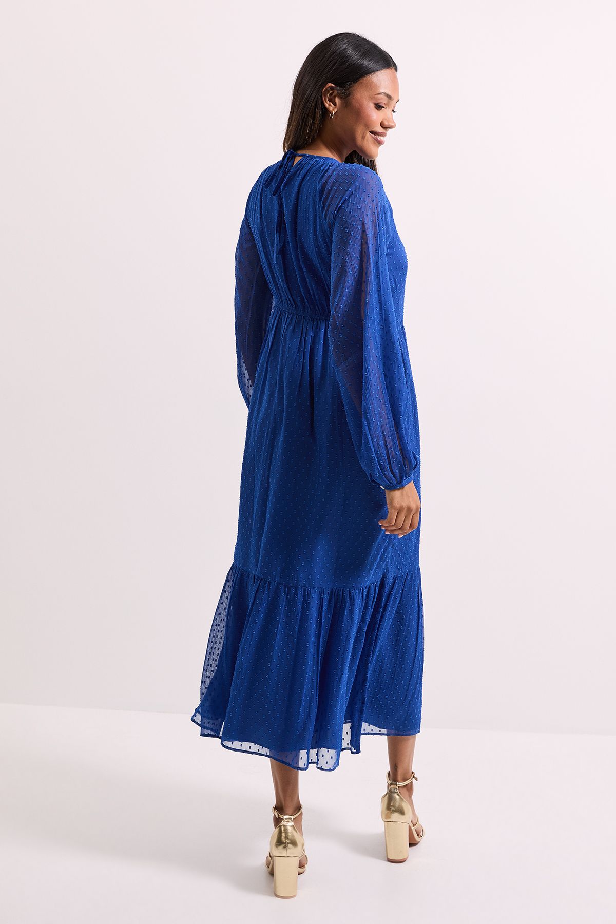 Dorothy Perkins Dobby Chiffon Tiered Blouson Sleeve Midaxi Dress Blue image 3