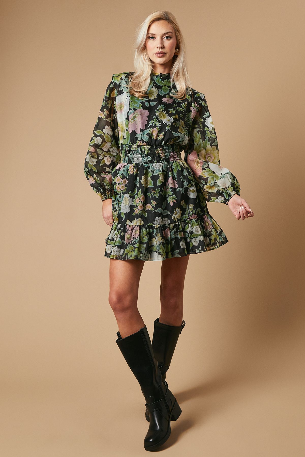 Oasis Floral Organza Shirred Waist Tie Back Mini Dress Black image 1