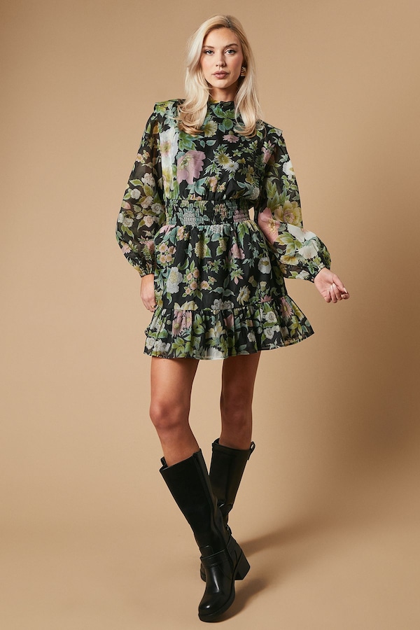 Oasis Floral Organza Shirred Waist Tie Back Mini Dress Black