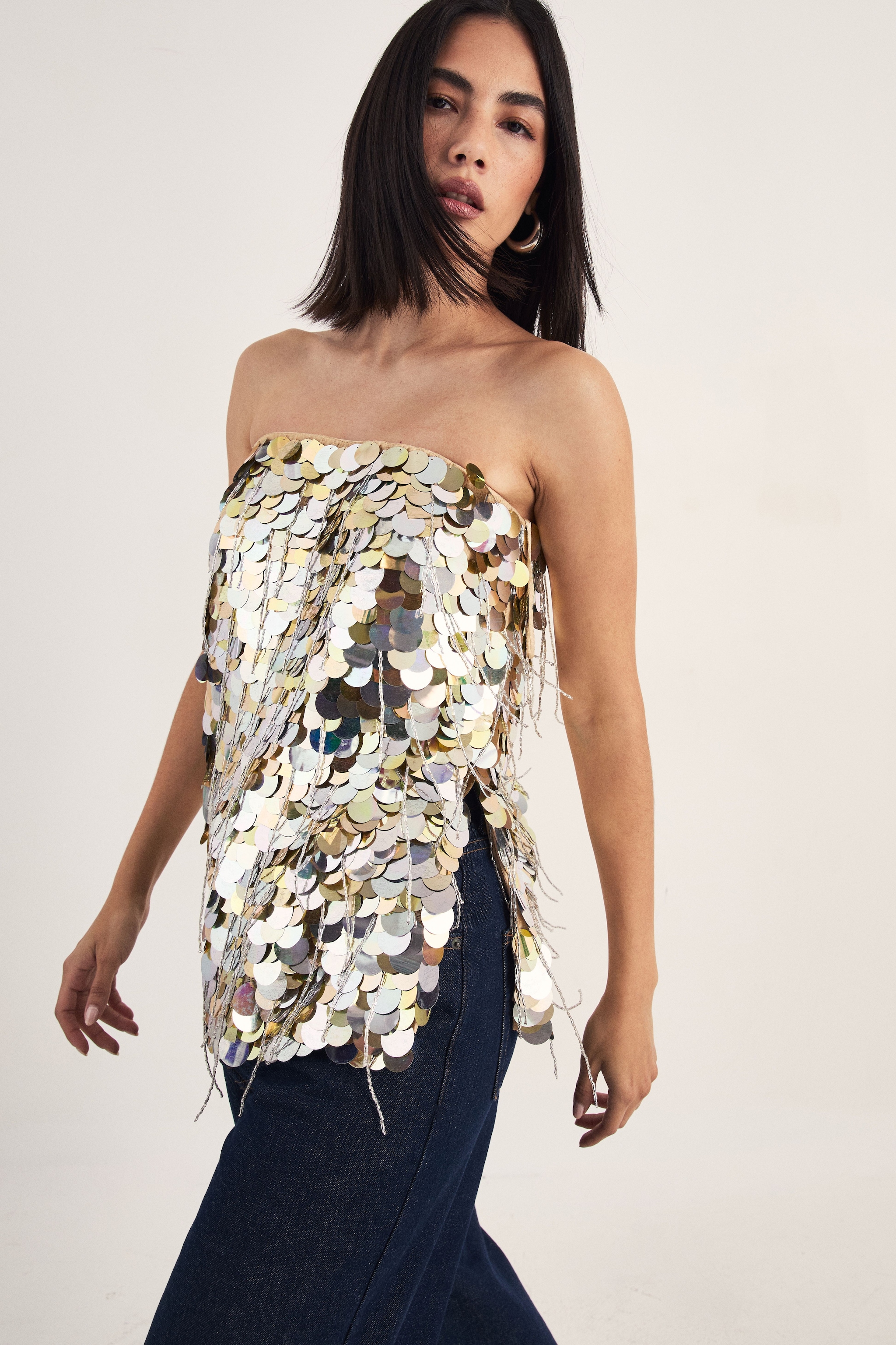 NastyGal Disc Tassel Longline Bandeau Top Gold image 2