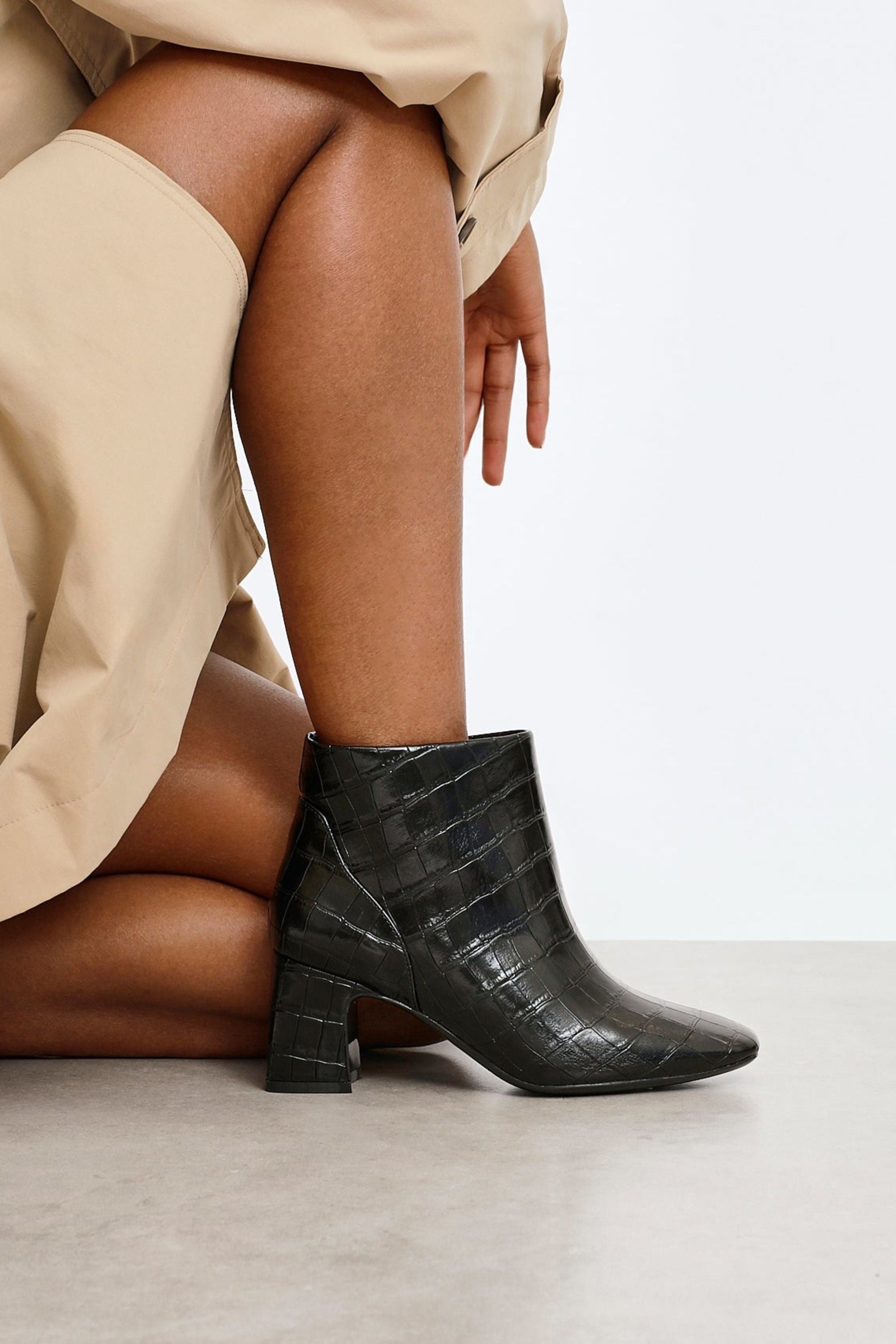 Linzi Cove Black Faux Croc Patent Leather Soft Square Toe Block Heel Ankle Boot image 2