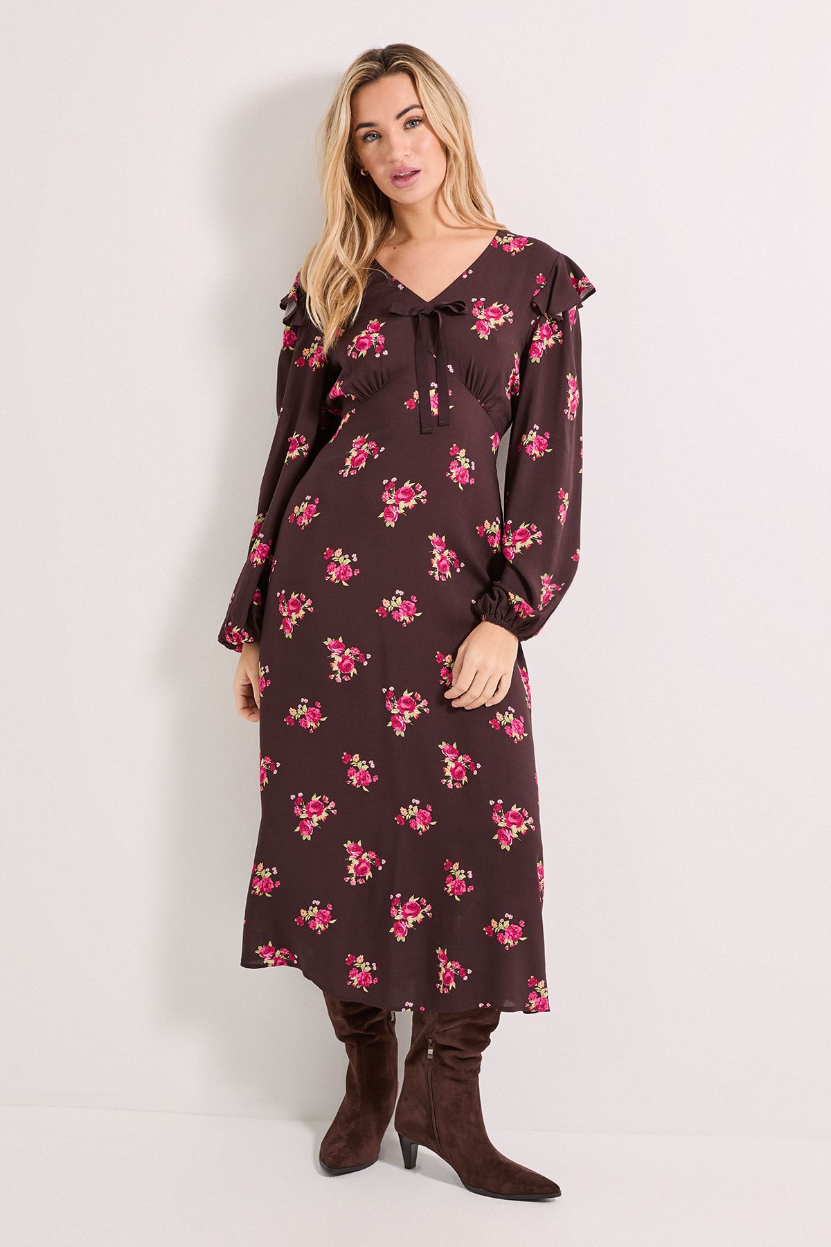 Dorothy Perkins Chocolate Ditsy Contrast Bow Detail Frill Printed Midaxi Dress Chocolate image 1