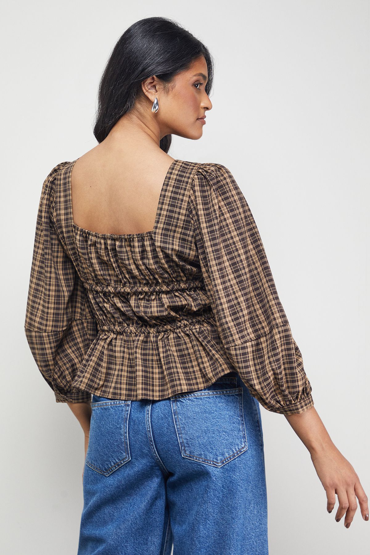 Warehouse Check Tie Front Square Neck Blouse Brown image 3