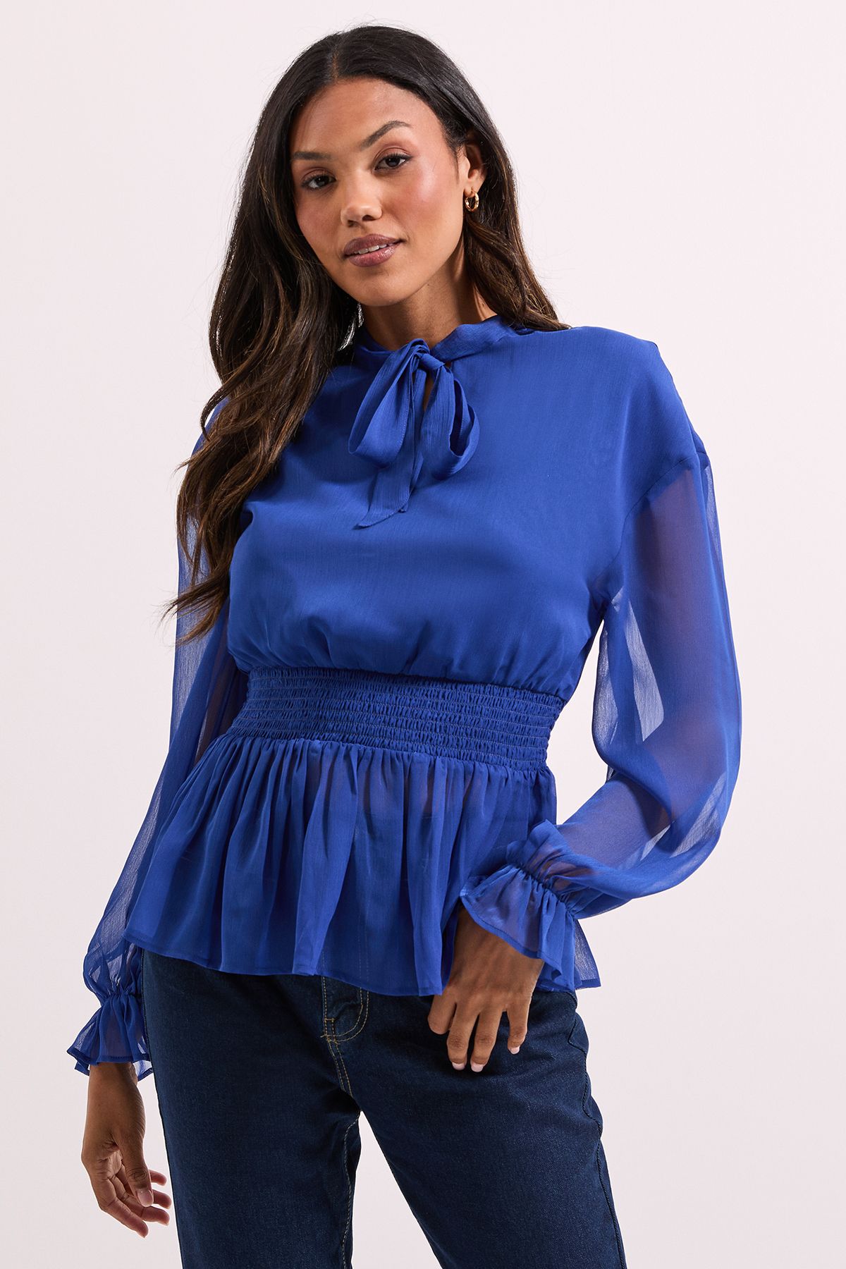 Dorothy Perkins Tie Neck Shirred Waist Boho Blouse Cobalt image 4
