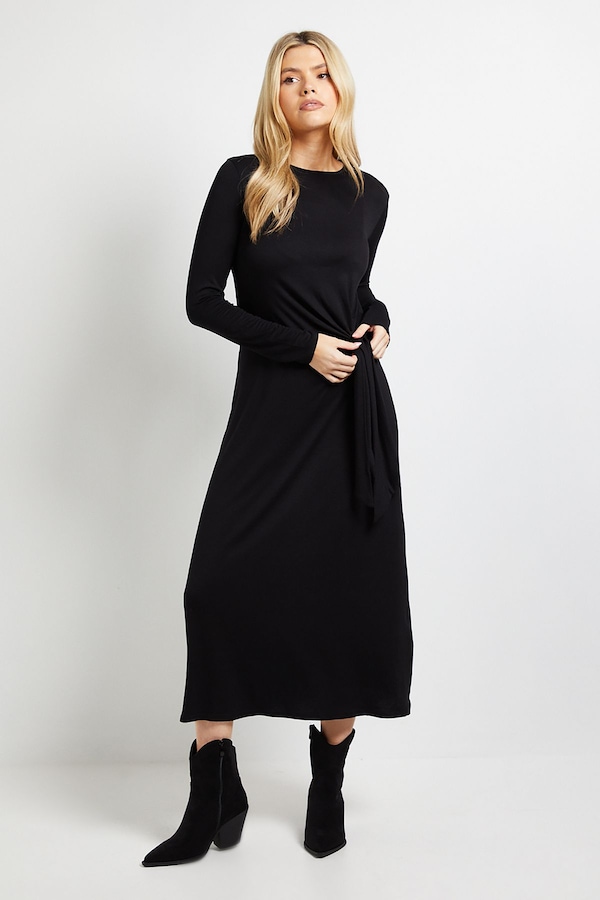 Dorothy Perkins Tie Detail Long Sleeve Jersey Midi Dress Black