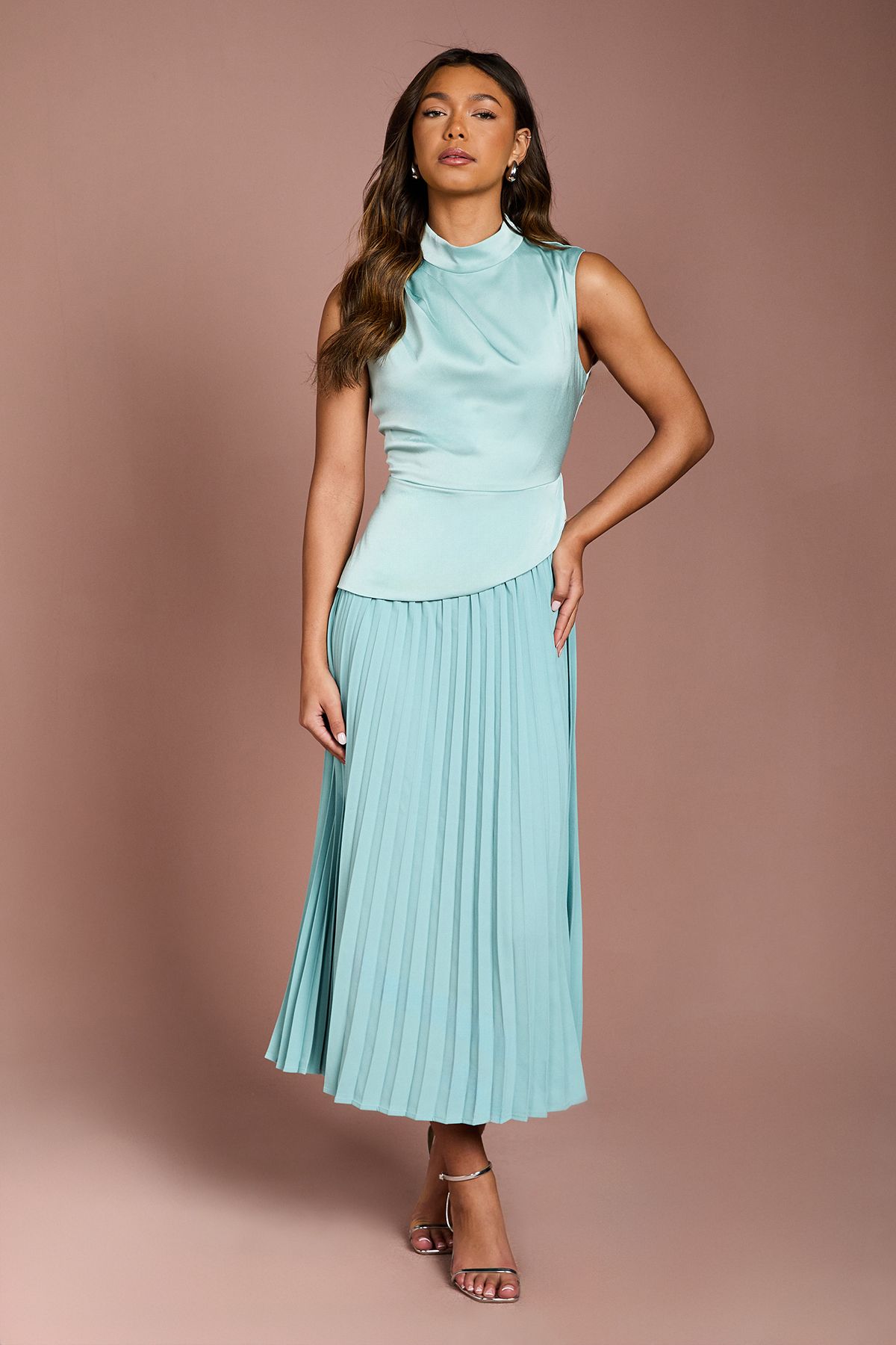 Coast Drape High Neck Pleated Skirt Midi Dress Duck Egg Blue image 1