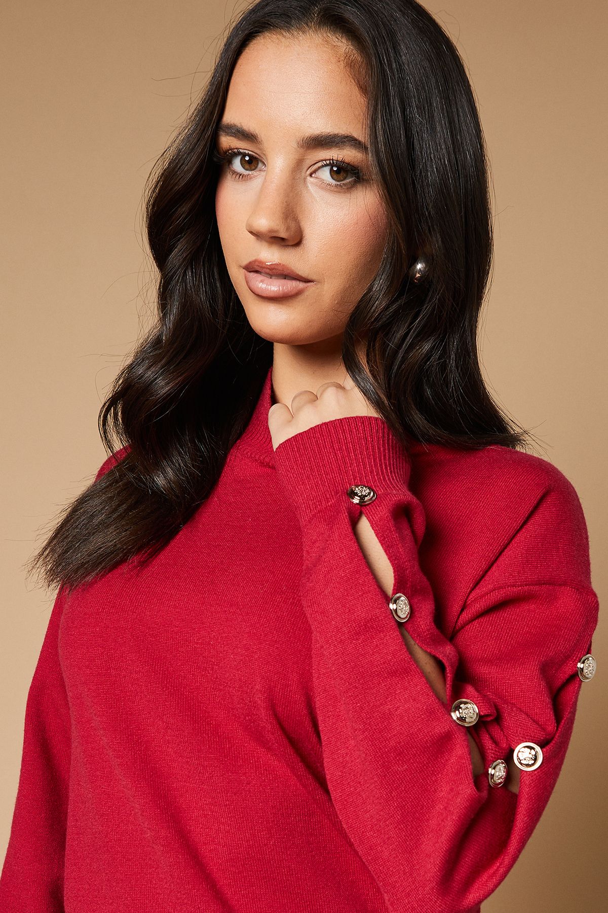 Oasis Button Down Sleeve High Neck Jumper Red image 2