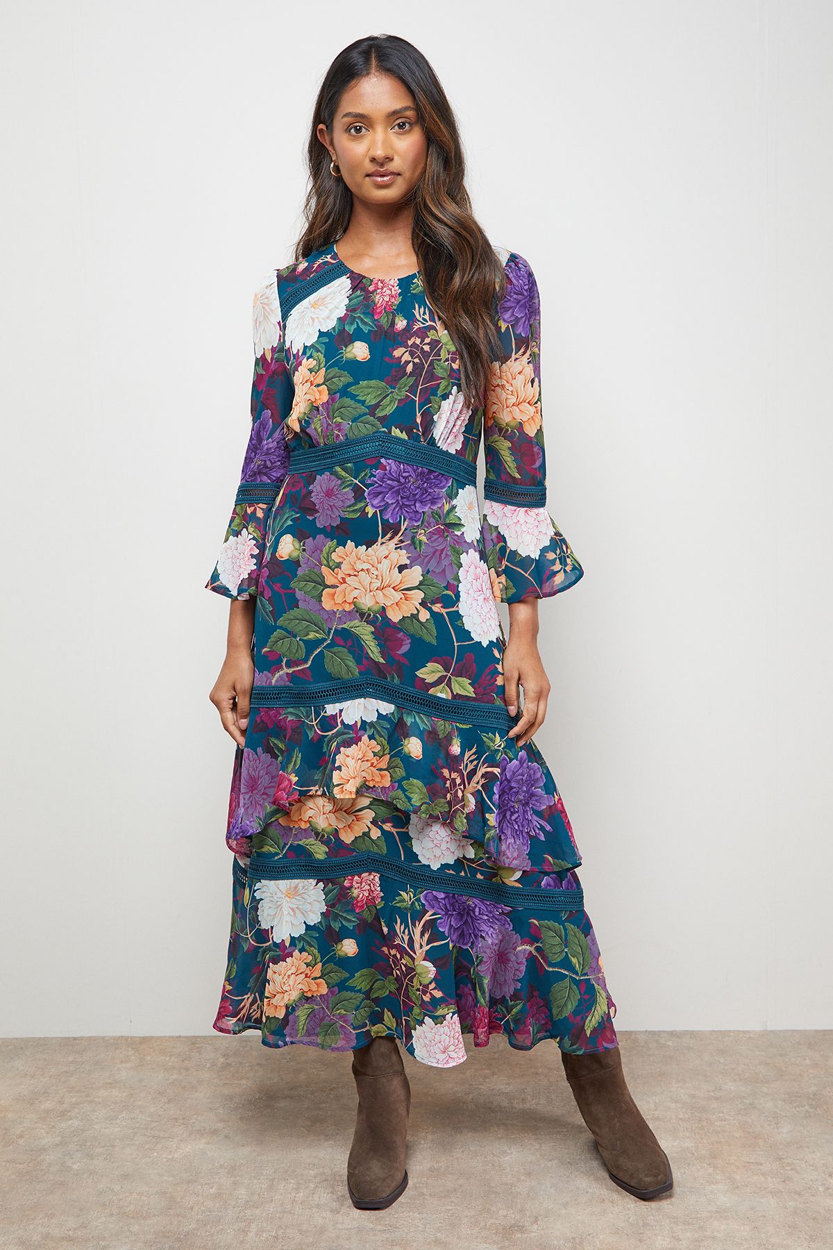 Oasis Printed Tiered Fluted Sleeve Lace Insert Midi Dress Floral