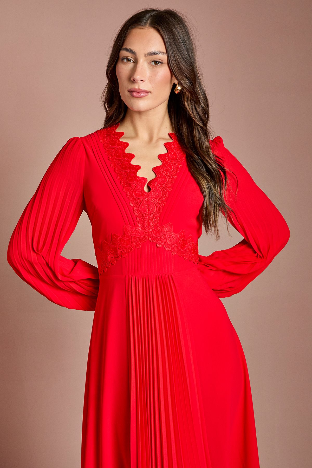 Coast Pleat Detail Lace Trim Maxi Dress Flame Red image 2