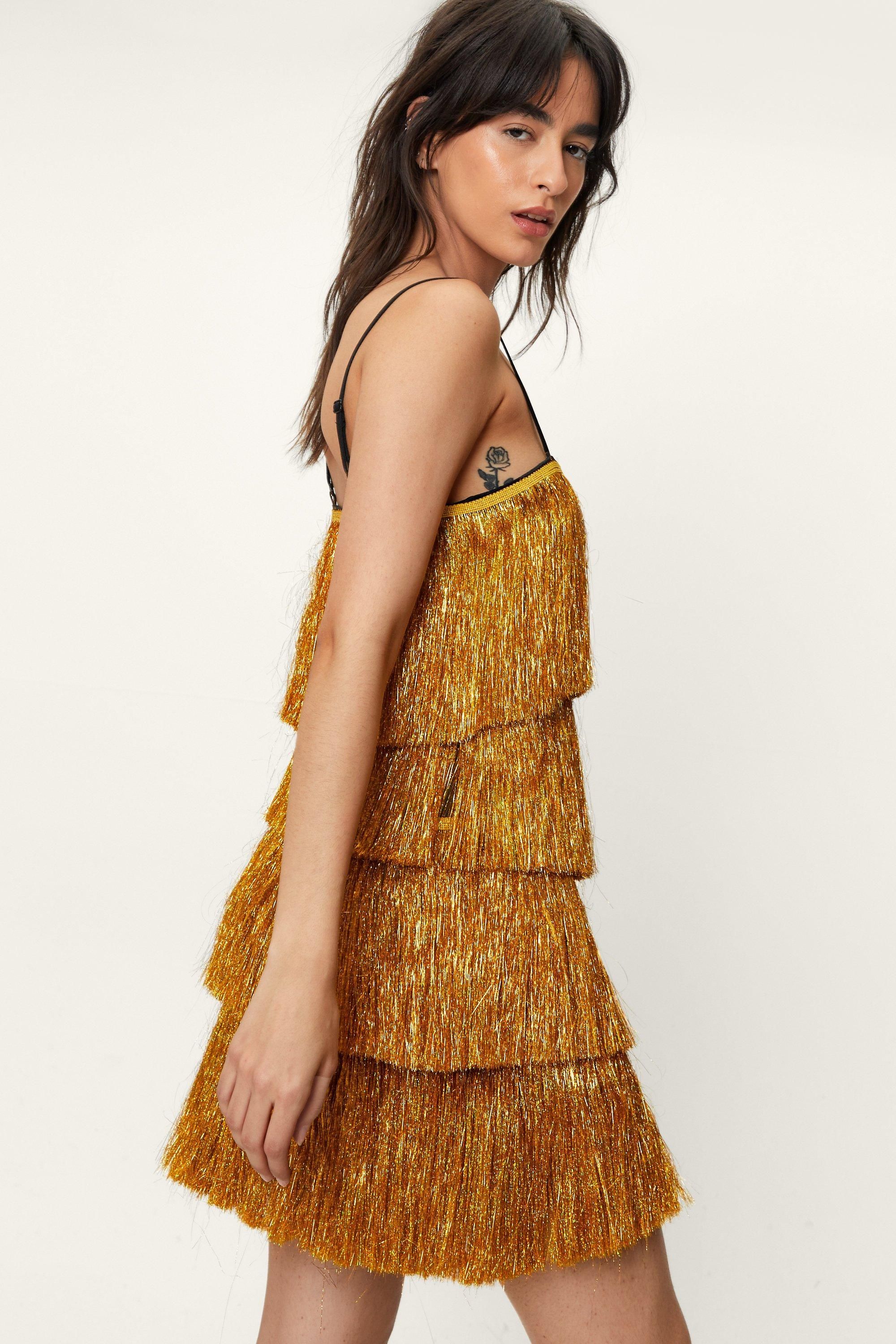 NastyGal Tassel Tinsel Fringe Strappy Cami Mini Dress Gold image 4